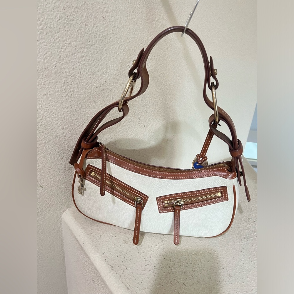 Vintage Dooney & Bourke White Pebble Leather Shoulder Bag w/ Brown Trim Y2k